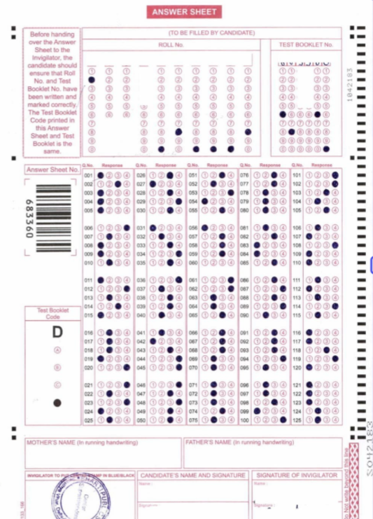 Sample Image of AISSEE OMR Sheet